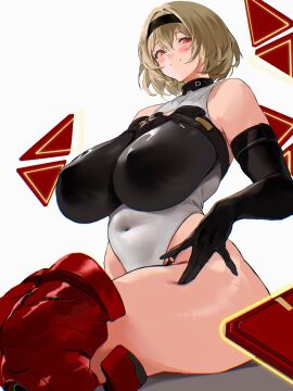 armored_boots ass bare_shoulders belly big_breasts black_gloves black_hairband blonde_hair blush boots breasts brown_eyes covered_erect_nipples cowboy_shot elbow_gloves female gloves goddess_of_victory:_nikke hair_between_eyes hair_ornament hairband highres huge_ass large_breasts leotard light_smile looking_at_viewer medium_hair navel red_footwear red_shoes_(nikke) rowkiba simple_background sitting solo thick_thighs thighs white_leotard