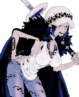 arm_tattoo bent_over big_breasts breasts chest_tattoo cleavage female female_only fully_clothed hand_on_hip hanging_breasts hat headwear jeans leaning_forward mo_pkop no_bra one_piece restricted_palette rule_63 short_hair solo tattoo tattoos trafalgar_law trafalgar_law_(female) wet_body wet_clothes wet_skin