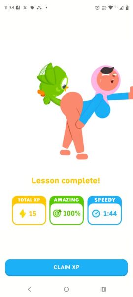 1boy 1girls 2d ass balls barefoot bottomless bottomless_female cock dark-skinned_female dark_skin dick duo_(duolingo) duolingo female green_penis hijab human interspecies male melonmiloc owl penetration penis phone_screen sex straight straight_sex sweat zari_(duolingo)