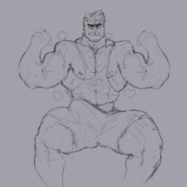 2021 absurd_res akita anthro bau_(melaisen) black_eyebrows bottomwear bulge canid canine canis clothed clothed_anthro clothed_male clothing digital_drawing_(artwork) digital_media_(artwork) domestic_dog erection erection_under_clothing eyebrows facial_hair fist flexing genital_growth grey_background greyscale growth hi_res male mammal masculine_male melaisen monochrome muscle_growth muscles muscular muscular_anthro muscular_male nipples penis penis_growth portrait shirt simple_background sitting smile solo spitz spot_color tank_top teeth three-quarter_portrait topwear veiny_arms yellow_eyes