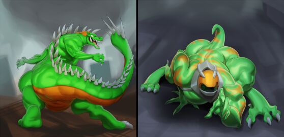 3_toes 4_fingers ambiguous_gender amphibian anthro armor ass biceps big_ass big_butt biped claws crouching digital_media_(artwork) digitigrade duo feet feral fingers frog front_view green_body green_scales headgear helmet horn huge_frogger justmegabenewell kaiju king_of_the_monsters king_of_the_monsters_2 monster muscular muscular_thighs nude open_mouth pecs rear_view scales scalie sharp_teeth simple_background spikes spikes_(anatomy) super_geon tail teeth toes tongue triceps