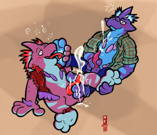 3_toes 4_fingers anthro arm_support balls blue_body blue_bottomwear blue_clothing blue_countershading blue_markings blue_pants blush blush_lines bodily_fluids bottomless bottomless_male bottomwear clothed clothed_anthro clothed_male clothing countershading cum cum_on_balls cum_on_feet cum_on_ground cum_on_own_balls cum_on_own_penis cum_on_penis cum_on_self cumshot denim denim_clothing denim_jacket denim_topwear duo ear_piercing ear_ring ejaculation electrical_hair electricity erection eyewear fan_character fangs feet fingers foot_fetish foot_grab foot_lick foot_play footjob furgonomics generation_8_pokemon genital_fluids genitals glasses hi_res horn jacket jacket_vest leather leather_strap legband licking looking_pleasured low_key_toxtricity male male/male markings masturbation mostly_nude mostly_nude_male motion_lines nintendo open_bottomwear open_clothing open_pants open_shirt open_topwear pants pattern_clothing pattern_shirt pattern_topwear penis penis_between_toes penis_poking_out penis_through_fly piercing plaid plaid_clothing plaid_shirt plaid_topwear pokemon pokemon_(species) pseudo_hair purple_balls purple_body red_clothing red_jacket red_jacket_vest red_penis red_topwear red_vest ring_piercing rocko_(artist) saliva saliva_on_foot sex shiny_pokemon shirt signature simple_background sitting spikes spikes_(anatomy) spread_legs spreading straps tapering_penis teeth toes tongue tongue_out topwear topwear_only torn_sleeves toxtricity vest vest_only wearing_glasses