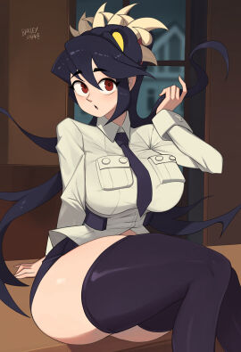 1girls barleyshake black_hair breasts female filia_(skullgirls) highres large_breasts long_hair necktie open_mouth parted_lips playing_with_own_hair raised_eyebrows red_eyes samson_(skullgirls) school_uniform sitting skullgirls solo thick_thighs thighhighs thighs
