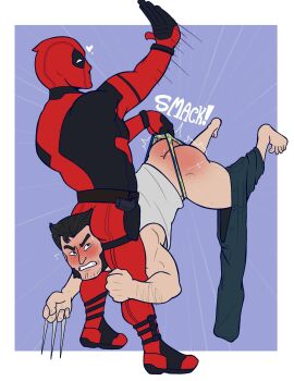 2022 2boys blush deadpool deadpool_&_wolverine_(2024) gay heart james_howlett logan_(x-men) male male_only marvel marvel_comics no_visible_genitalia onomatopoeia pants_around_one_leg spanked_butt spanking sweatdrop tvfish-art wade_wilson wedgie wedgie_spanking wedgied_male wolverine_(x-men) x-men