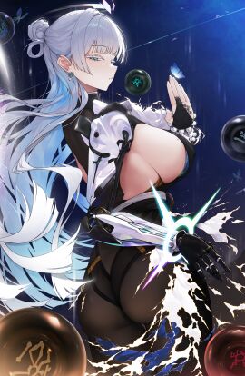 ass bead_bracelet beads blue_hair bodysuit bracelet breasts bridal_gauntlets colored_inner_hair earrings female from_behind goddess_of_victory:_nikke grey_hair hair_bun half-closed_eyes jewelry large_breasts long_hair looking_at_viewer looking_back mechanical_arms mole mole_on_breast multicolored_hair nayuta_(nikke) sideboob single_mechanical_arm solo thick_eyelashes very_long_hair yozora_(1wkdgusdn)