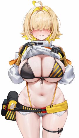 1girls 2d :3 ahoge belly belly_button big_breasts bikini_top blonde_hair blush blushing bra breasts breasts_out cleavage elegg_(nikke) female female_only fully_clothed fungi_(fungi542/gompang_11) fungi_542 gloves goddess_of_victory:_nikke hair_over_eyes large_breasts light-skinned_female light_skin navel pale-skinned_female pale_skin revealing_clothes shirt_lift shirt_up short_shorts shorts showing_breasts simple_background skimpy_clothes snaggle_tooth solid_color_background suspenders sweatdrop thick_thighs thigh_gap thigh_strap thighs two-tone_hair white_background wide_hips