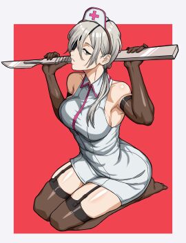 1girls alternate_version_available armwear big_breasts black_eyes black_gloves black_thighhighs breasts chainsaw_man clothing elbow_gloves eyepatch eyewear female garter_straps gloves hair hat headwear high_resolution highres hips holding_object legwear mikeypieart nurse nurse_cap nurse_clothing nurse_hat nurse_uniform one_eye_obstructed quanxi_(chainsaw_man) scalpel textless textless_version thick_thighs thigh_highs thighs white_hair