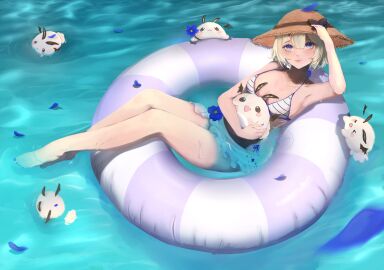 bikini blonde_hair blue_eyes blush breasts female hat looking_at_viewer short_hair smile straw_hat striped sunglasses swimsuit virtual_youtuber vyugen water yenko
