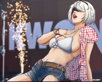 1girls ass big_ass big_breasts big_butt big_thighs big_titties bikini_top breasts cosplay curvaceous curvaceous_female curvaceous_figure curvy curvy_figure curvy_hips denim denim_shorts female female_focus female_only gingham jean_shorts kwon_eun-bi kwon_eun-bi_(cosplay) large_breasts nier nier:_automata nier_(series) open_shirt ryuujinart short_hair short_jeans square_enix underwear waterbomb white_hair yorha_2b