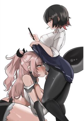 1futa 1girls bar_censor black_hair black_pantyhose black_ribbon black_shorts blush breasts candy cellphone censored cjc4848 clothes_lift crop_top earrings ellen_joe fellatio female fins fish_tail food futa_on_female futa_with_female futanari green_eyes hair_ribbon heart heart_earrings highres huge_breasts intersex jewelry large_breasts lollipop long_hair micro_shorts mole mole_on_breast mole_under_eye multicolored_hair multiple_females multiple_girls nicole_demara oral pantyhose penis phone pink_hair red_hair ribbon shark_girl shark_tail shirt short_hair shorts skirt skirt_lift smartphone squatting strapless tail thighs tube_top two_side_up white_shirt white_tube_top zenless_zone_zero