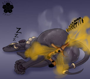 ass big_ass big_butt blossonflower bodily_fluids canid canine canis domestic_dog duo fart fart_fetish female feral heba_(blossonflower) huge_ass huge_butt mammal onomatopoeia pawpads paws sleeping sound_effects steam sweat sweaty_ass sweaty_butt text