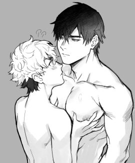 2boys black_hair blush completely_nude expressionless eye_contact gay grey_background groping looking_at_another male male_only monochrome multiple_boys multiple_males muscular muscular_male nipples nude original simple_background size_difference two-tone_hair yaoi yukibi_(ykb)