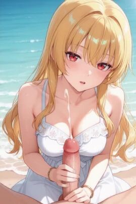 1boy 1boy1girl 1girls ai_generated arifureta_shokugyou_de_sekai_saikyou bracelet breasts cum day dress ejaculation erection female handjob jewelry lips looking_at_viewer male ocean outdoors parted_lips penis pov projectile_cum solo_focus straight tagme veins video water yue