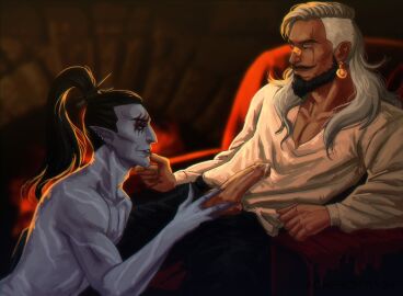 acherontia dark_eldar drukhari erection gay gay_male gay_sex genitals hand_on_chin hand_on_thigh imperium_of_man kneeling male male/male male_focus male_only marazhai_aezyrraesh on_knees penis rogue_trader_(video_game) warhammer_(franchise) warhammer_40k yaoi