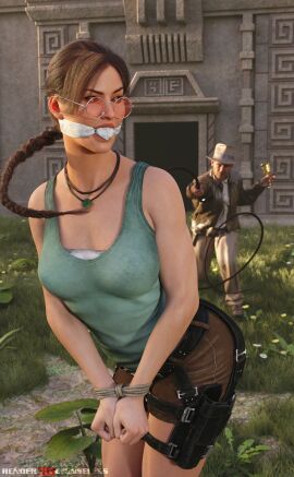 1boy 1girls bondage bound_wrists clothed_bondage crossover female fully_clothed fully_clothed_female gagged glasses indiana_jones indiana_jones_(series) lara_croft male ponytail rendereddefenseless tomb_raider whip