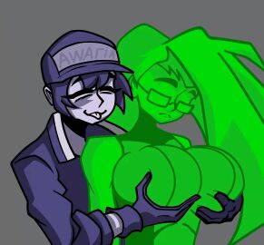 2girls animated avgustskull awaria baseball_cap big_breasts breast_grab breasts canon_couple female from_behind fully_clothed ghost ghost_girl glasses gloves green_body looking_pleasured no_artist_signature smiley_face tongue tongue_out ula_usterka yuri zmora