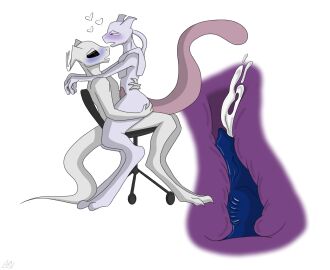 alien alien_genitalia anal anal_sex anthro ass ass_grab bedroom_eyes big_tail black_sclera blush bodily_fluids butt_grab chair cum cum_in_ass cum_inside digital_media_(artwork) digitigrade draco45_(artist) duo earthbound_(series) furniture generation_1_pokemon genital_fluids gieeg giygas grey_body hand_on_ass hand_on_butt heart_symbol hi_res internal knot legendary_pokemon long_tail male male/male mewtwo mother_(series) narrowed_eyes nintendo office_chair penetration pokemon pokemon_(species) purple_body purple_eyes red_eyes seductive sex sitting sitting_on_another sitting_sex tail wheel