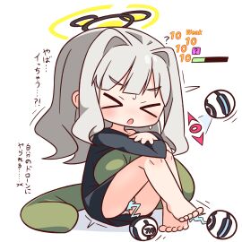 :o >_< ? barefoot black_shirt blue_archive blunt_bangs blush closed_eyes commentary_request female full_body grey_hair halo hana_kazari hare_(blue_archive) highres knees_up long_hair long_sleeves open_mouth panties shirt simple_background sitting solo translation_request underwear white_background white_panties yellow_halo