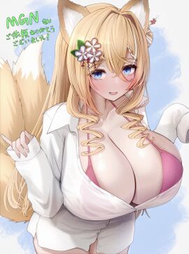 1girls bikini bikini_top blue_background blue_eyes blush breast_focus breasts breasts_bigger_than_head busty button_down_shirt buttons cleavage collarbone enormous_breasts female female_focus female_only flower_hair_ornament fox_ears fox_girl fox_tail gigantic_breasts hair_ornament huge_breasts japanese_text large_breasts looking_at_viewer massive_breasts metae multi_tail open_mouth original original_character pink_bikini see-through see-through_clothing see-through_shirt shirt simple_background solo tail tails text thick_thighs top_heavy top_heavy_breasts voluptuous voluptuous_female