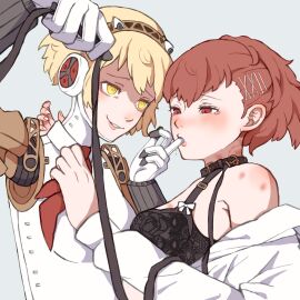 2024 2girls aigis_(persona) android atlus bite_mark blonde_hair breasts brown_hair bruise female finger_in_mouth gunpoint kotone_shiomi leash leash_and_collar lingerie persona persona_3 persona_3_portable pfgwpmpw red_eyes robot robot_girl robot_humanoid sega shadow_(persona) shadow_aigis shadow_self_(persona) short_hair tagme tears yellow_eyes yuri