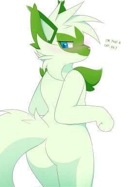 1girls anthro ass ass_focus blue_eyes blush cat_ears cat_girl cat_tail catgirl cheek_tuft facial_tuft fan_character felid feline female female_only fur furry furry_female furry_only furry_tail game_freak generation_9_pokemon green_body green_fur hi_res looking_at_viewer looking_back mossy_(naka) nakachidragon nintendo nude pokemon pokemon_(species) pokémon_(species) simple_background solo sprigatito text white_background