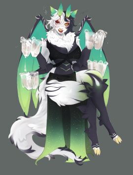 4_arms absurd_res antennae_(anatomy) anthro arthropod beer_mug big_breasts big_tail black_body black_fur black_hair bodily_fluids breasts clothed clothing colored_nails crossed_legs cum cum_drip cum_in_a_cup cum_in_container cum_spill dragon dress dripping eyeliner female fur fur_markings furred_wings genital_fluids gradient_fur green_body green_inner_ear green_scales hair hi_res holding_object hybrid insects lepidopteran licking licking_lips lilith_(huf13) looking_at_viewer makeup markings moth multi_arm multi_limb mythological_creature mythological_scalie mythology nails neck_tuft one_eye_closed red_eyeliner scales scalie sitting solo tail tongue tongue_out tuft varenart white_body white_fur white_hair wings wink yellow_eyes yellow_nails