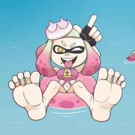 bikini feet female female_only finger_gun floatie foot_fetish foot_focus inkling inkling_girl pearl_(splatoon) pentaguy pink_bikini sharp_teeth soles splatoon splatoon_2 toes tongue tongue_out water wink winking_at_viewer yellow_eyes zipper