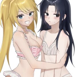 2girls alternate_breast_size big_breasts black_eyes blonde_hair blue_eyes blue_hair blush breast_press breast_size_difference breasts busty canon_genderswap cleavage cute eyelashes facial_markings female female_focus female_only gender_transformation genderswap genderswap_(mtf) hi_res high_resolution highres large_breasts light-skinned_female light_skin lingerie long_hair looking_at_viewer looking_away looking_to_the_side najja1234 naruko naruto naruto_(classic) naruto_(series) naruto_shippuden naruto_uzumaki open_mouth pale-skinned_female pale_skin petite pink_bra pink_lingerie pink_underwear pose posing rule_63 sasuke_uchiha sasuko sexy_no_jutsu shounen_jump shueisha shy skimpy skimpy_clothes smile smiling smiling_at_viewer standing sweat sweatdrop tied_hair transformation twintails uchiha_sasuke underwear uzumaki_naruto very_long_hair weekly_shonen_jump whisker_markings whiskers white_background white_bra white_lingerie white_panties white_underwear