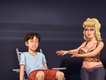 1boy 1girls 2d 2d_(artwork) big_breasts blonde_hair blue_eyes bra breasts brown_hair cameltoe cleavage closed_eyes clothed clothing crystal_(summertime_saga) darkcookie digital_drawing_(artwork) digital_media_(artwork) duo earrings female female_focus horny horny_female light-skinned_female light-skinned_male light_skin long_hair main_character_(summertime_saga) male male/female medium_breasts milf panties pants pushing pushing_down pussy pussy_lips smile smiling smirk smirking summertime_saga surprised surprised_expression underwear vagina