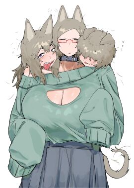 3_heads big_breasts blush breasts cleavage cleavage_cutout collar dog_ears dog_girl glasses hair_over_eyes huge_breasts maikamiaka messy_hair multi_head pleated_skirt skirt sleeves_past_wrists sweater tagme
