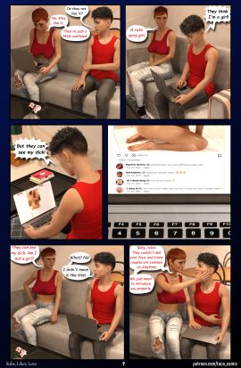 3d comic comic_page english_text female futanari intersex male male_on_futa red_hair speech_bubble taco_comix taller_female
