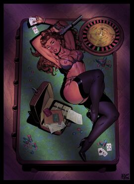 1girls above_view boxofwant cards cleavage female heels lingerie lying on_table pistol roulette_table solo