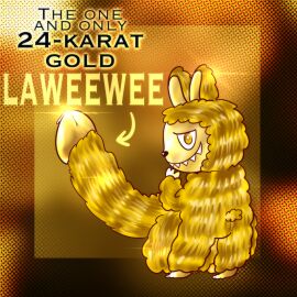 24_karat_gold_labubu_(character) 24_karat_gold_labubu_(meme) balls cock fur furry furry_penis gold_(metal) gold_body gold_fur labubu large_penis male metallic_body metallic_penis monster oversized_balls penis pop_mart precum saggy_balls shiny_eyes shiny_skin smiling teeth text the_monsters what wtf
