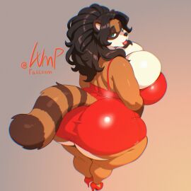 anthro bbw breasts brown_body brown_fur chubby chubby_anthro chubby_female female furry huge_ass huge_breasts hyper_ass hyper_breasts hyper_butt looking_at_viewer looking_back lump_(lumpraccoom) lumpraccoom milf overweight overweight_female raccoon raccoon_girl raccoon_tail tagme