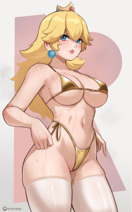 bikini blonde_hair blue_eyes blush breasts cowboy_shot crown earrings female gold_bikini golden_week_bikini highleg highleg_bikini highres hioyami jewelry large_breasts long_hair mario_(series) mini_crown navel parted_lips princess_peach red_lips solo stomach swimsuit thighhighs very_long_hair wet white_thighhighs