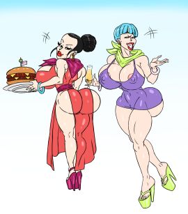 2d 2girls ass ass_built_separately big_ass big_breasts big_butt blue_eyes blue_hair breasts bulma_briefs chichi chichi_(majin_buu_saga) cyan_eyes cyan_hair dragon_ball dragon_ball_super dragon_ball_z drink earrings female food footwear full_color fully_clothed heel_boots heels high_heels multiple_females multiple_girls no_penetration platform_heels sun1sol teal_eyes teal_hair thong_footwear