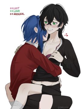 2girls black_hair blue_hair degrees_of_lewdity faceless_female fem_kylar_(dol) female green_eyes heart-shaped_pupils hearts kylar_(dol) lesbian tagme yuri