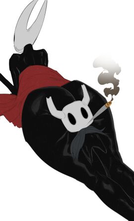 1boy 1girls 2d ass background big_ass big_breasts blank_stare breasts butt butt_focus clothed clothed_female comic dialogue female giantess half_naked hollow_knight hornet_(hollow_knight) large_female legs lying lying_down lying_on_ass lying_on_back male mini_giantess narim-art patreon protagonist_(hollow_knight) size_difference smoking text text_bubble the_knight_(hollow_knight)