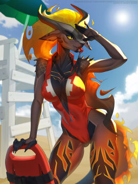 ansart anthro athletic athletic_anthro beach black_body blonde_hair bodysuit camel_toe cameltoe clothing detailed_background dragon female fire hair hi_res horn lifeguard long_hair mythological_creature mythological_scalie mythology nipple_outline pompeii_(timberwolfl) pussy scalie skiba613 skinsuit solo tight_clothing wingless_dragon yellow_eyes
