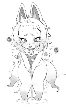 anthro biped blush clothing covering covering_crotch domestic_cat eyebrows felid feline felis female front_view fur hi_res jingzhou14848 leaking_vagina looking_at_viewer mammal pupils pussy simple_background solo standing tail tail_motion tailwag tongue white_background