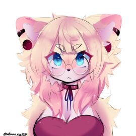 anakoluth anthro big_breasts blonde_hair blue_eyes breasts cleavage collar dog_girl female furry glasses looking_up orange_hair piercing piercings round_glasses topwear