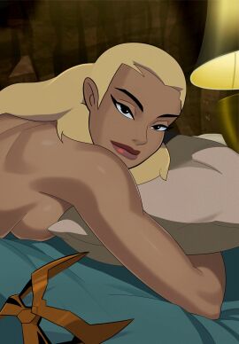 artemis_(dc) artemis_crock bed boetharch breasts dc dc_comics edit face_focus female lovekraut mask_off pillow sideboob sunsetriders7 superheroine tigress_(dc) tigress_(young_justice) unmasked young_justice