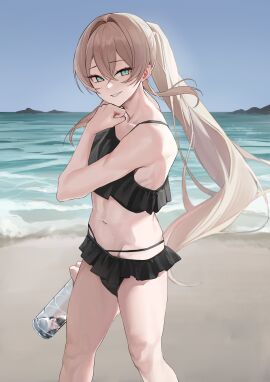 1boy barely_visible_bulge beach bikini bulge crossdressing femboy frilly_bikini itisfuntostay long_hair looking_at_viewer male ocean original_character otoko_no_ko outside safe_for_work slender_body small_bulge smiling solo swimsuit trap very_long_hair water_bottle