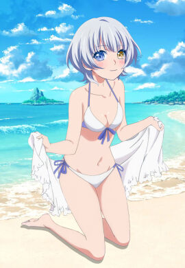 bang_dream! beach bikini breasts cleavage female heterochromia kaname_raana medium_breasts on_knees short_hair string_bikini