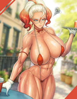 1girls 2025 abs breasts coffee female female_focus female_only front_view glasses gloves grise_(pokemon) griselle_(pokemon) huge_breasts kingbang large_breasts looking_at_viewer pokemon pokemon_legends:_z-a sling_bikini thick_thighs toned toned_female tray twintails waitress
