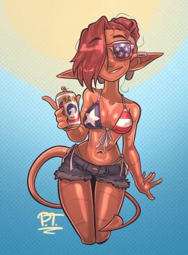 1girls 4th_of_july american_flag american_flag_bikini beer_can belly belly_button cleavage eyebrows_visible_through_hair female female_focus hot_pants jonathanpt original shorts side-tie_bikini signature smiling smiling_at_viewer sofia_(jonathanpt) solo solo_female solo_focus standing sunglasses swimsuit tail teeth thighs