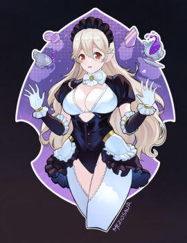 1girls breasts cleavage corrin_(fire_emblem) corrin_(fire_emblem)_(female) female fire_emblem fire_emblem_fates grey_hair large_breasts maid maid_headdress maid_outfit maid_uniform meziosaur nintendo red_eyes thick_thighs thigh_window thighs