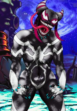 1girls 2024 alternate_form buff capcom crossover female huge_teeth juri_han long_tongue mainnm-e marvel marvel_comics monster muscular muscular_female self_upload spider-man_(series) street_fighter symbiote venom_(marvel)