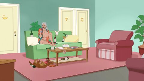 animated bbw big_areola big_ass big_breasts big_nipples breasts discreenvision drunk earrings feet female game_cg grandma_diana_(discreenvision) grandmother hair_bun inusen milf older_female the_secret_of_the_house white_hair