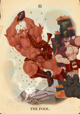 abs absurd_res anthro armpit_hair armpit_tuft athletic athletic_anthro athletic_male avian balloon balls bara biceps big_muscles bird black_body black_feathers body_hair bovid bovine brown_body brown_fur canid canine canis card cattle chest_tuft clothing cloud corvid covered_face falling feathers flower footwear fur genitals group hairy hairy_male hi_res highland highland_cattle himbo holding_object horn indifferent inflatable kilt kilt_lift landscape major_arcana male mammal mexican_wolf mountain muscles muscular muscular_anthro muscular_male nature nature_background orange_body orange_fur oscine passerine pecs penis plant red_clothing scotland shoes sport tail tan_body tan_fur tarot tarot_card the_fool_(tarot) triceps trio tuft vaniwall wolf yaoi